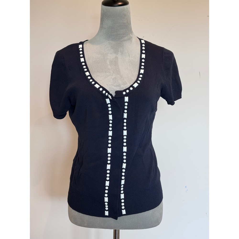 Ann Taylor LOFT Navy Blue Beaded Short Sleeve Snap Cardigan Sweater Small